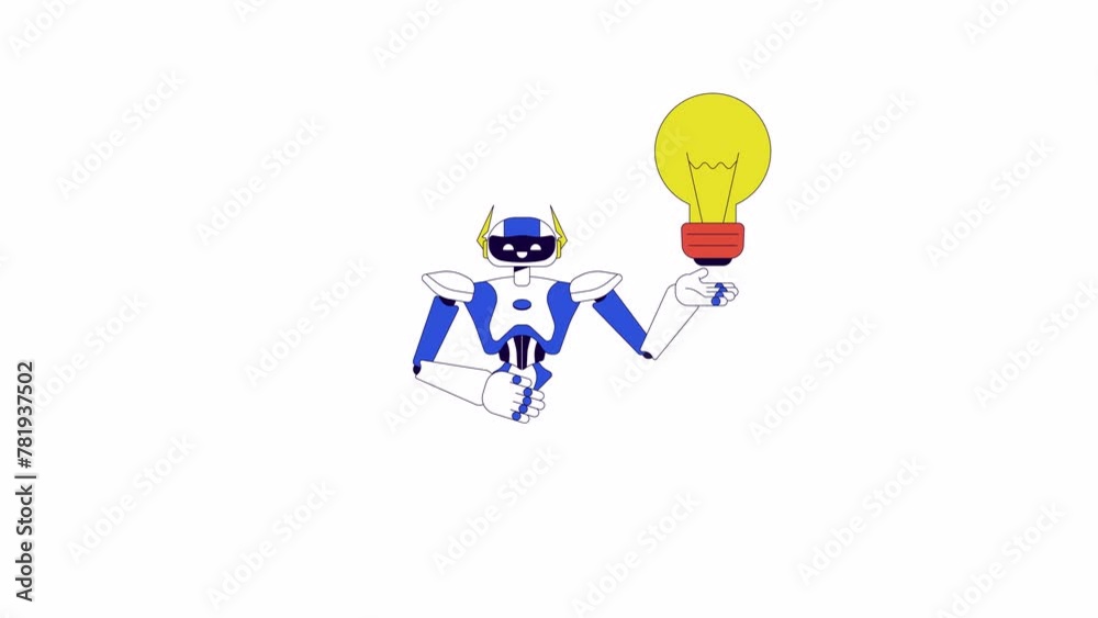 Poster robot assistant generating idea line 2d character animation. lightbulb holding flat color cartoon 4k