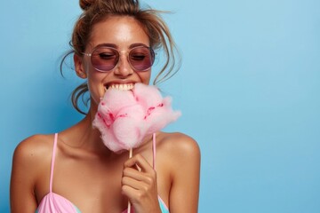 Anonymous woman enjoying pink cotton candy on a bright blue background, symbolizing summertime joy and indulgence. Generated AI