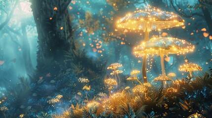 glow mushroom forest fantasy magical enchanting whimsical ethereal luminescent mystical enchantment dreamlike surreal bioluminescent vibrant otherworldly glowing enchanting fairy tale mythical enchant
