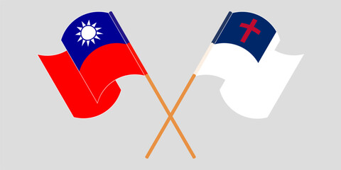 Crossed and waving flags of Taiwan and christianity