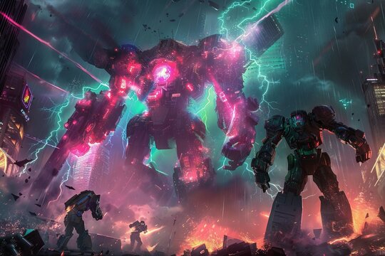 An elite squad of mechsuited heroes defending a neon city from a titan made of dark energy, under a sky crackling with electric pink and green lightning