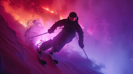 Skier descending in neon lights, dynamic motion frozen against a black slope