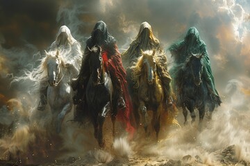 Harbingers of doom: 4 horsemen of the apocalypse - ominous imagery and symbolic significance of legendary riders ushering in end times. representing conquest, war, famine, death in apocalyptic lore. - obrazy, fototapety, plakaty