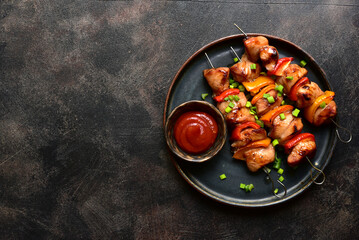 Grilled chicken kebab. Top view with copy space. - 781937941