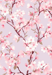 부드러운 파스텔 핑크와 흰색의 작고 손으로 그린 벚꽃이 있는 섬세하고 봄에서 영감을 받은 꽃 패턴 A delicate, spring-inspired floral pattern with tiny, hand-drawn cherry blossoms in soft, pastel pink and white
