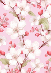 Fototapeta premium 부드러운 파스텔 핑크와 흰색의 작고 손으로 그린 벚꽃이 있는 섬세하고 봄에서 영감을 받은 꽃 패턴 A delicate, spring-inspired floral pattern with tiny, hand-drawn cherry blossoms in soft, pastel pink and white