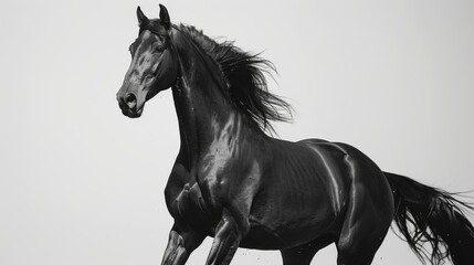 Majestic Black Stallion in Motion Against White Background