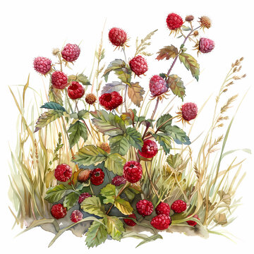 Raspberries in meadow, white background, watercolor illustration.