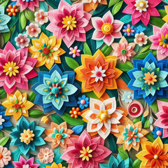 Beautiful floral elegant colorful abstract paper cut flowers embroidered fabric seamless pattern of hand drawn flowers decorative wallpaper background