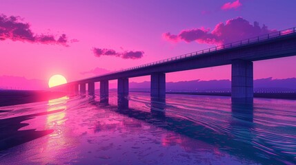 Obraz premium sunset on the big bridge with vaporwave tone color, suitable for wallpaper, posters. Generative AI