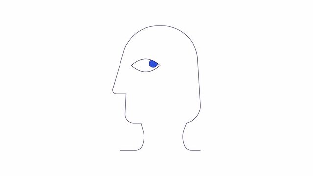 Head silhouette profile rolling eyes line 2D character animation. Ancient egyptian art flat color cartoon 4K video, alpha channel. Minimalist head eye moving animated personage on white background