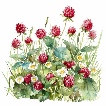 Raspberries in meadow, white background, watercolor illustration.