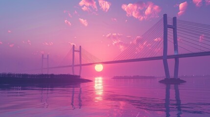 Obraz premium sunset on the big bridge with vaporwave tone color, suitable for wallpaper, posters. Generative AI