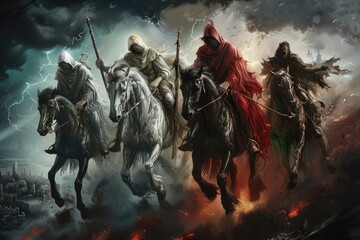 Harbingers of doom: 4 horsemen of the apocalypse - ominous imagery and symbolic significance of legendary riders ushering in end times. representing conquest, war, famine, death in apocalyptic lore. - obrazy, fototapety, plakaty