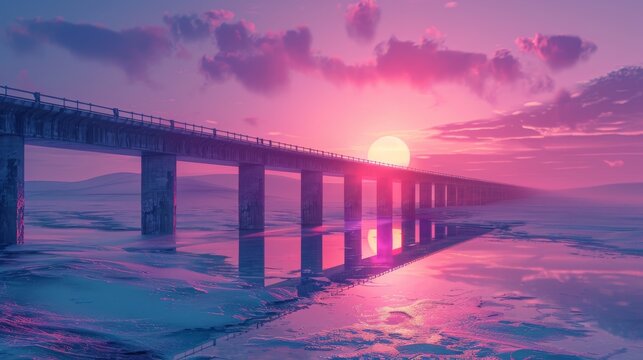 sunset on the big bridge with vaporwave tone color, suitable for wallpaper, posters. Generative AI