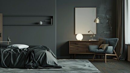 Modern Bedroom Interior with Dark Grey Wall and Wooden Furniture