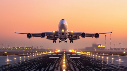 Sunset Departure: Jetliner Taking Off from Airport Runway - obrazy, fototapety, plakaty