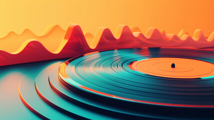3d illustration of a vinyl record spinning on a turntable with a glowing orange background. - obrazy, fototapety, plakaty