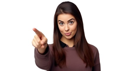 Beautiful young  woman pointing finger isolated on transparent and white background.PNG image.