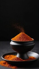 Saffron (powder) on a black background.