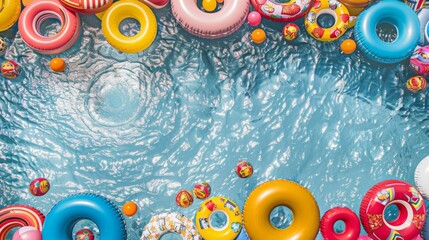 Vibrant Pool Party Scene with Colorful Inflatable Rings and Floats