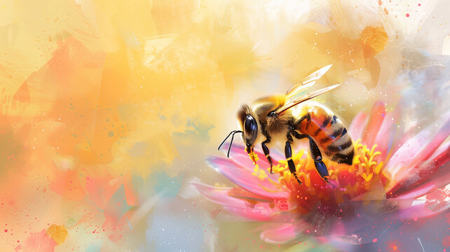 A watercolor painting of a bee on a pink flower.