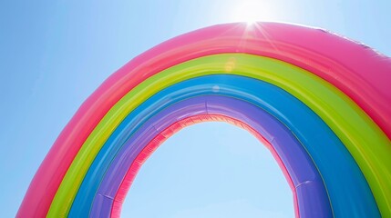 Vibrant Inflatable Rainbow Arch with Sun Flare Against Clear Sky
