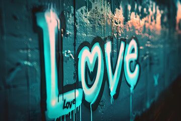 Street wall covered with graffiti. The text "Love" is depicted as graffiti on the wall.