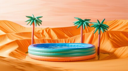 Obraz premium Inflatable Pool and Palm Trees in Desert Oasis Concept