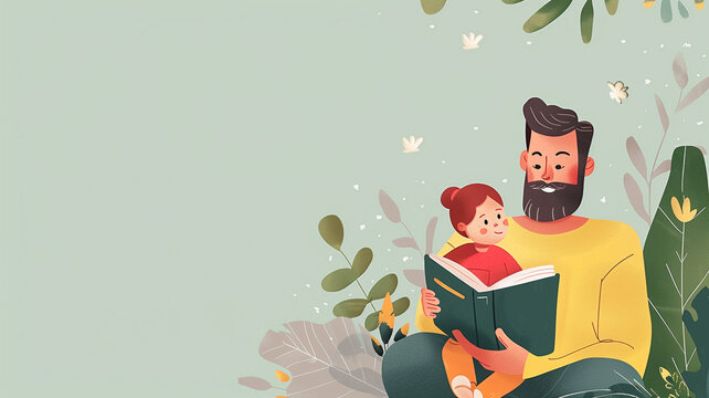 Heartwarming Father's Day banner in digital craft paper art style, depicting a father and child fishing together in a serene lake scene, with reflective water effect, and copy space