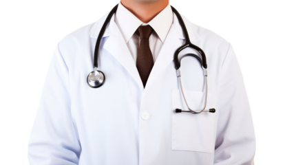 A medical professional in a white coat holds a stethoscope for a checkup Isolated from the white background.