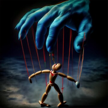 A thought-provoking image of a marionette controlled by a giant hand, set against a moody, dark backdrop.. AI Generation