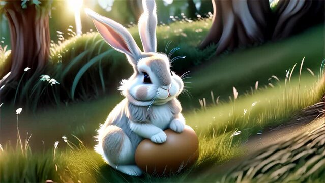 A charming scene of a cartoon rabbit gently cradling a golden egg in a mystical forest glade at dawn.. AI Generation