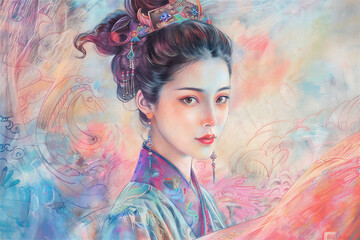 Painting from colored pencils, a Chinese woman, royal concubine, wearing traditional clothes, full color abstract background