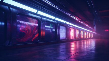 Futuristic Subway Train with Neon Graffiti Art