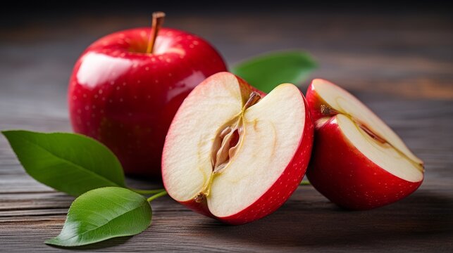 Fresh apples isolated on dark background. Closeup of red ripe whole and sliced half apple with leaf, on dark backgound