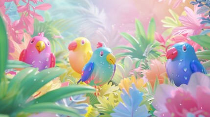 Vibrant Tropical Paradise with Whimsical Colorful Birds