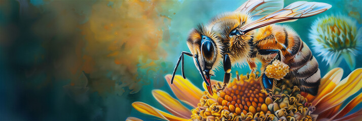 Painting from colored pencils, A bee sucking honey from a flower - obrazy, fototapety, plakaty