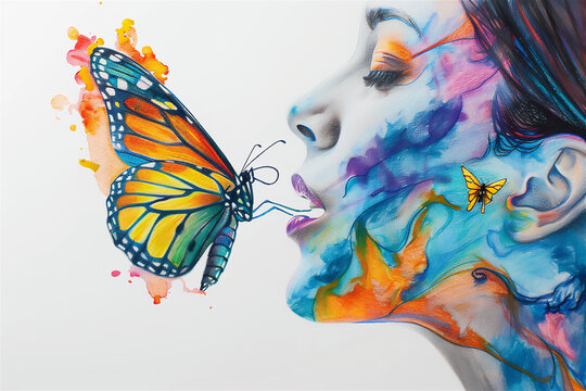 Painting from colored pencils, A butterfly flying in front of a beautiful 26 year old woman from Asia, white abstract background