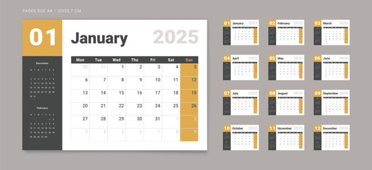 Set of 12 Pages Monthly Calendar Planner Templates on 2025 year. Vector mockup of a wall or desktop calendar with the week starting on Monday for printing. Page for size A4 -21x29.7 cm.