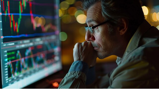  Data analyst and chartist analyzing market data, stare , investment, stocks , insight, trend, investment, man sitting monitor charts, graphs , concentration, technology