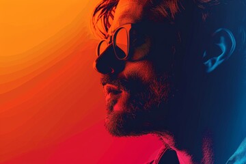 Banner with profile portrait of fashionable young man in sunglasses and shield - obrazy, fototapety, plakaty