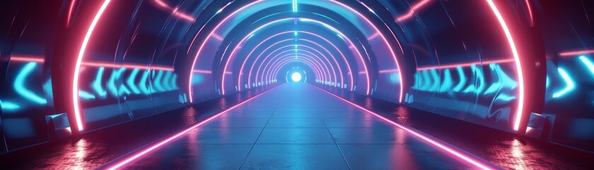 The archway to tomorrow shines with neon, a closeup on technology core, leading to biological wonders - obrazy, fototapety, plakaty