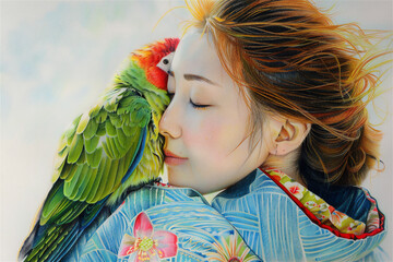 Painting from colored pencils, a parrot perched on the shoulder of a beautiful woman from Japan
