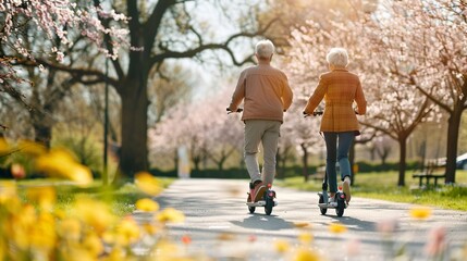 A mature couple spends active leisure time riding electric scooters in a city park
