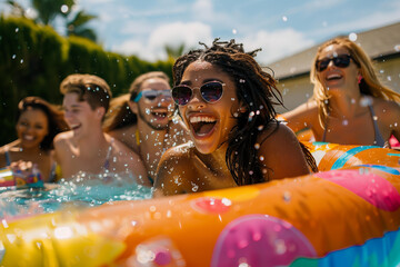
Poolside Party: closeup of a group of diverse friends laughing and splashing around a colorful inflatable pool float in a backyard