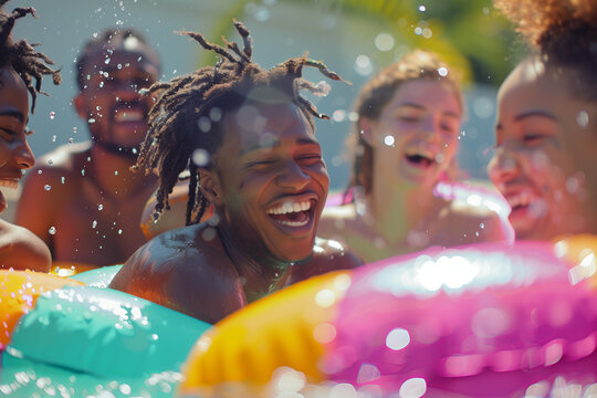
Poolside Party: closeup of a group of diverse friends laughing and splashing around a colorful inflatable pool float in a backyard