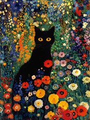 A black cat is sitting in a field of flowers. The cat is looking at the camera with its eyes wide open. The flowers are in various colors, including red, yellow, and purple