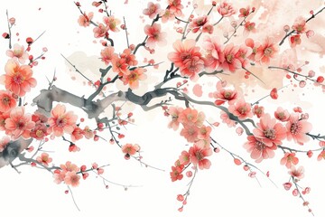 A painting of a cherry blossom tree with pink flowers. The painting is very detailed and has a serene and peaceful mood