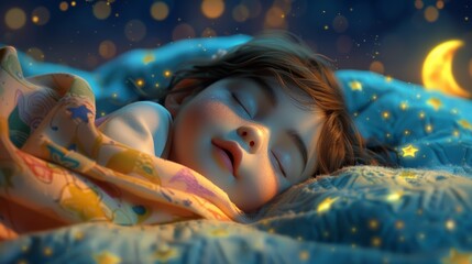 A child is sleeping in a bed with a blanket that has stars on it. The room is dark and the child's face is illuminated by a light
